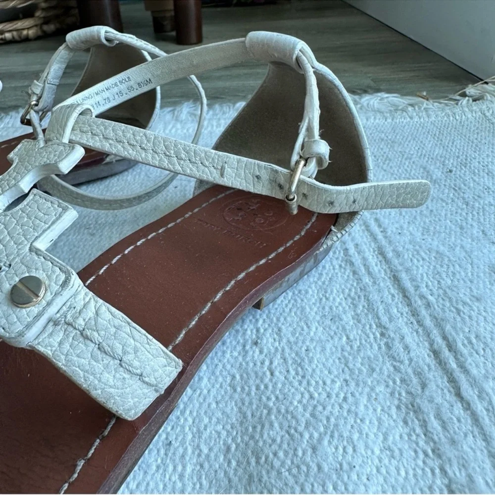 Tory Burch White Leather Phoebe Logo Sandals - Picture 5 of 6